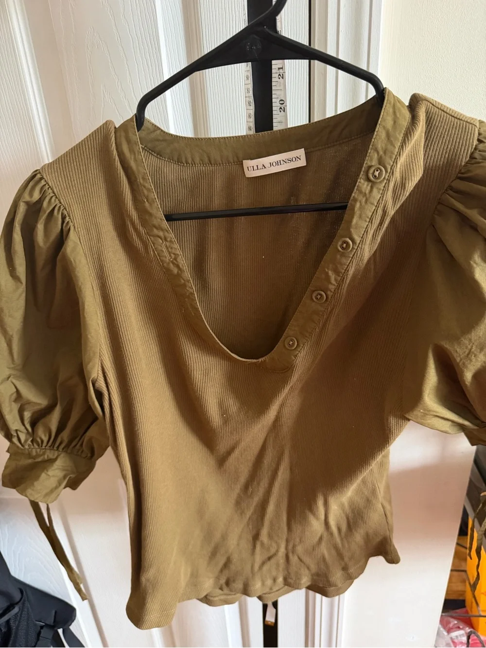 Ulla Johnson Olive Green Puff-Sleeve V-Neck Blouse